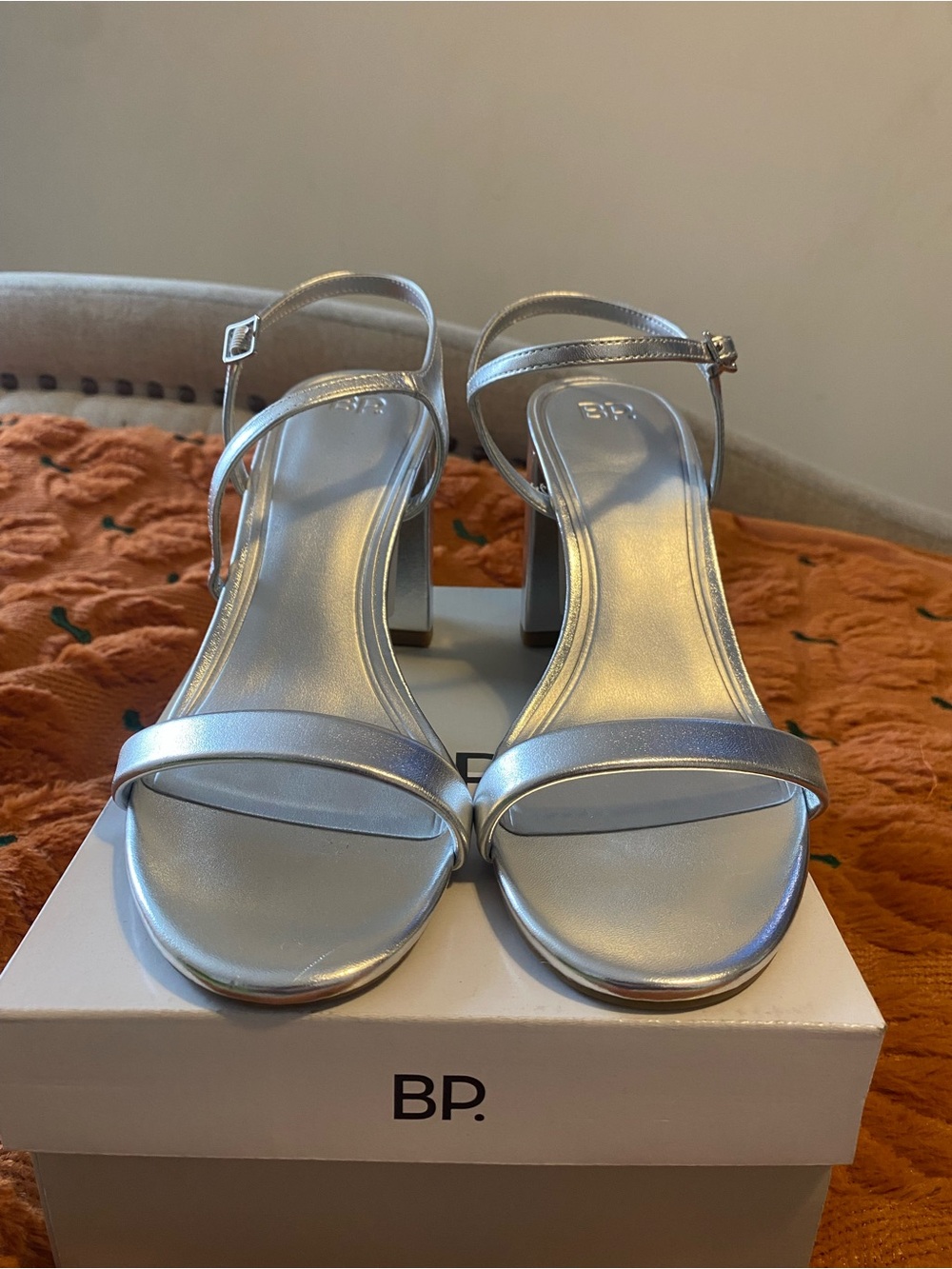 bp Metallic Silver Ankle-Strap Block Heel Sandals for Women